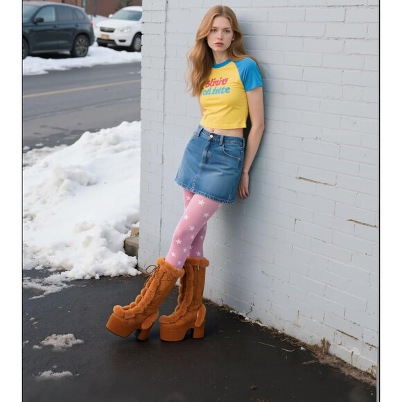 ⚡Women Chestnut02 Synthetic Mid Calf Lace Up Chunky High Heel Warm Fur Snow Boot - Picture 5 of 6